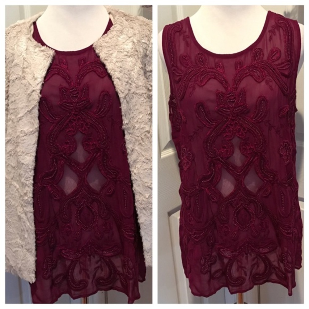 LUCKY brand burgundy sleeveless detailed top